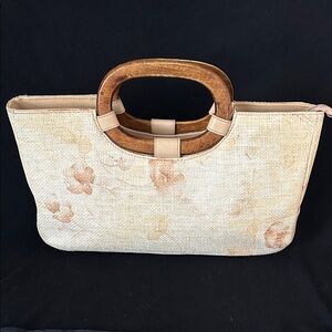 Make Offer Veneto Straw Vinyl  Wooden Handles Tote Clutch some Glue Stain inside